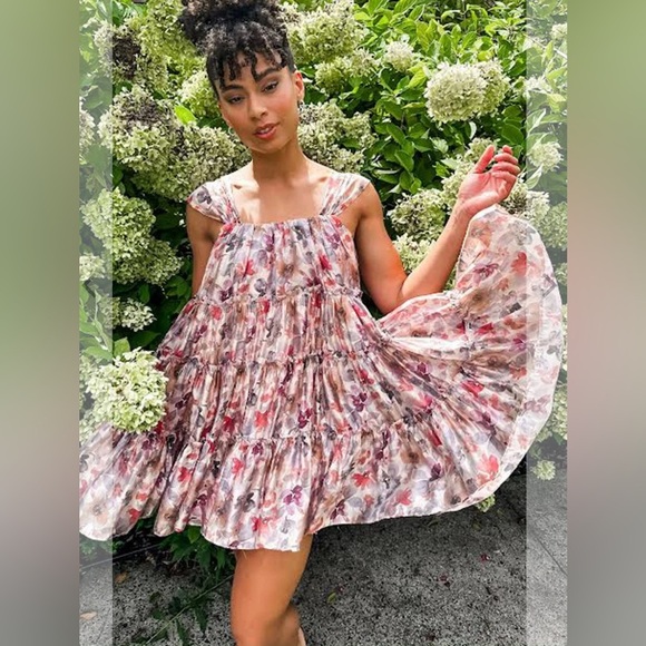 Ruffled Pink and Red Scoop Neck Mini Dress - Picture 1 of 10